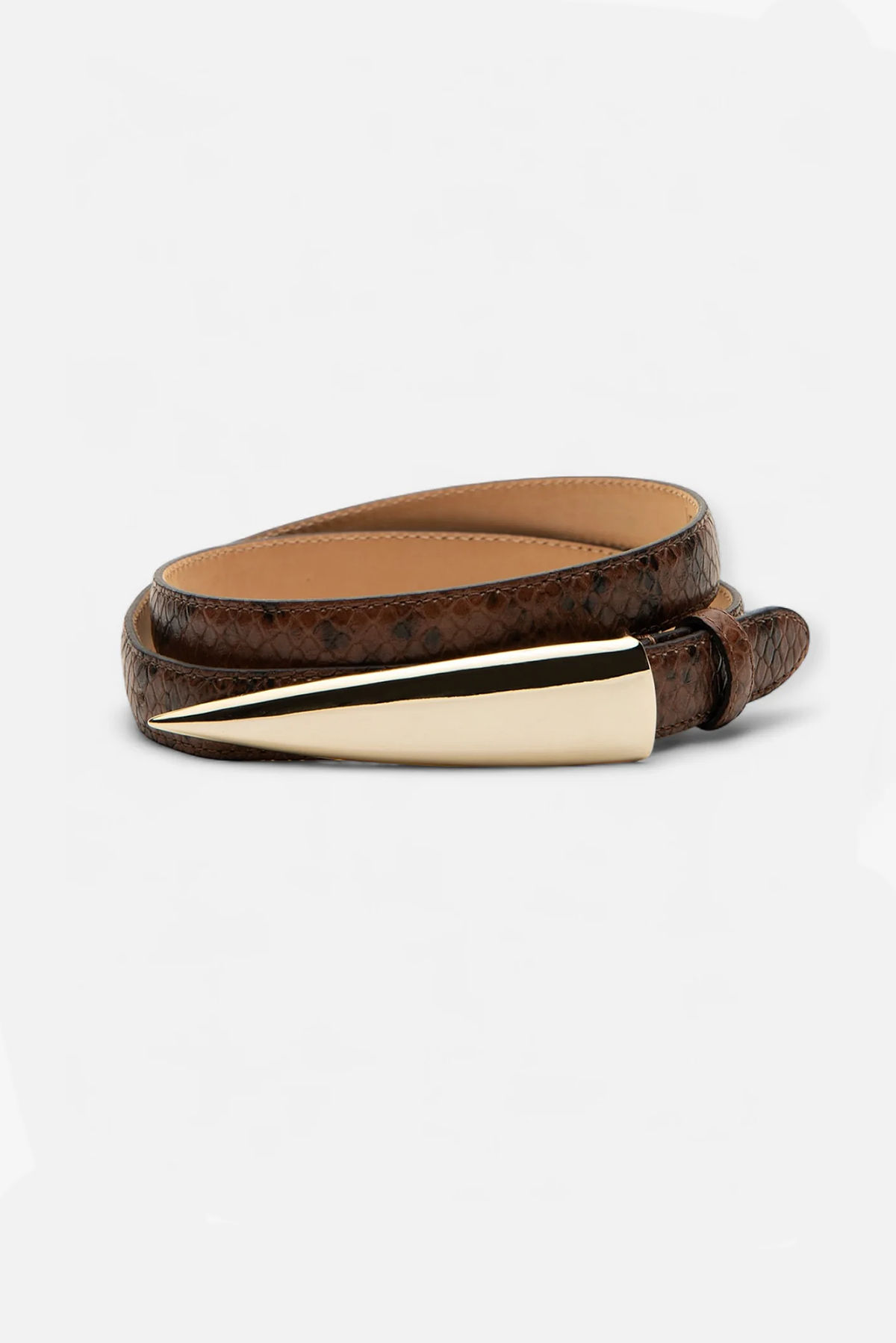 Coiled Arlo brown python-embossed leather belt with polished buckle.