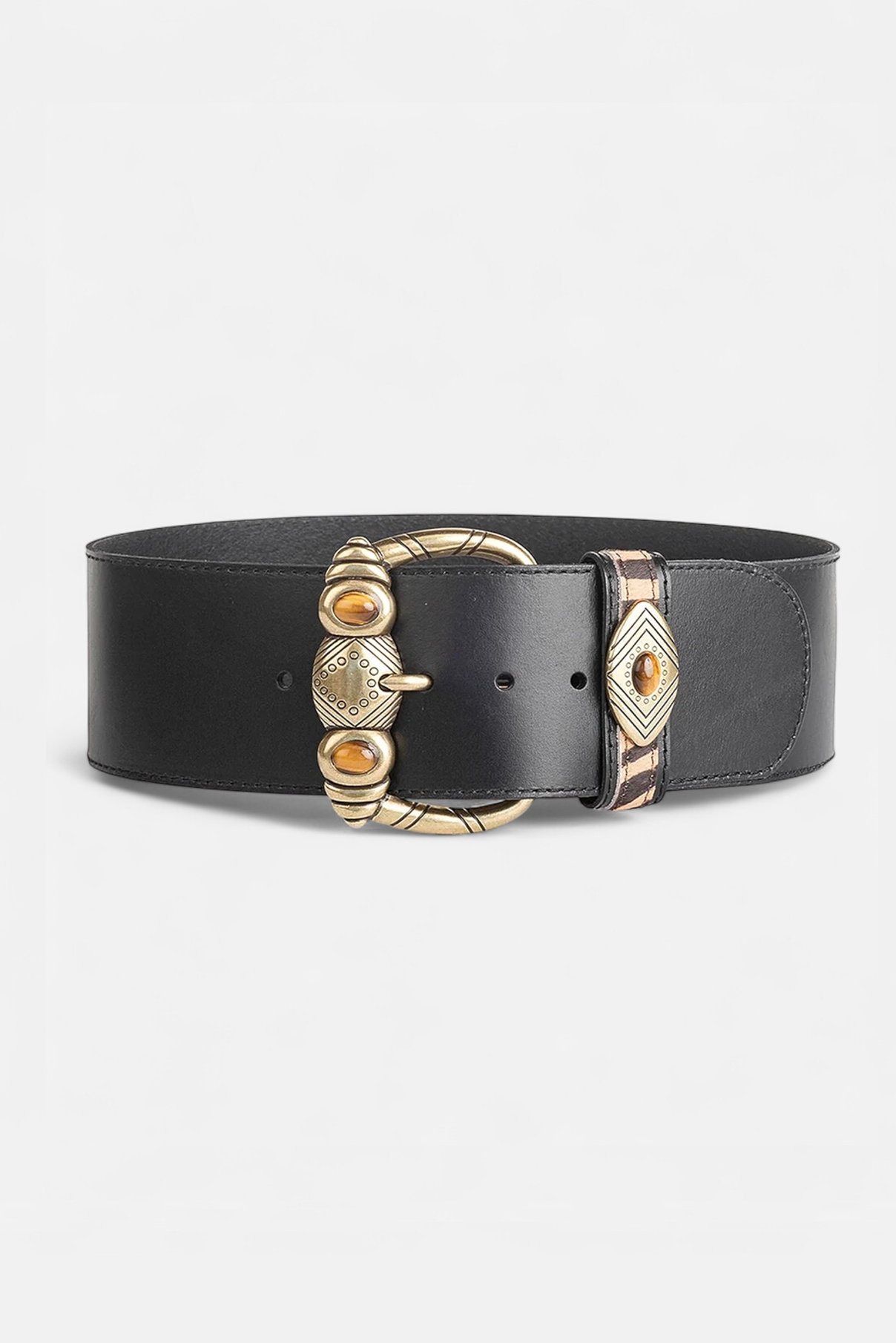 Aspen black leather belt with tiger’s eye buckle and zebra hair-calf slot.