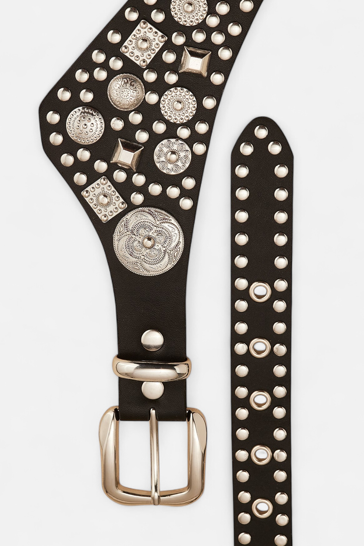 Atlas black studded leather waist belt displayed flat to show sculptural shape and concho pattern.