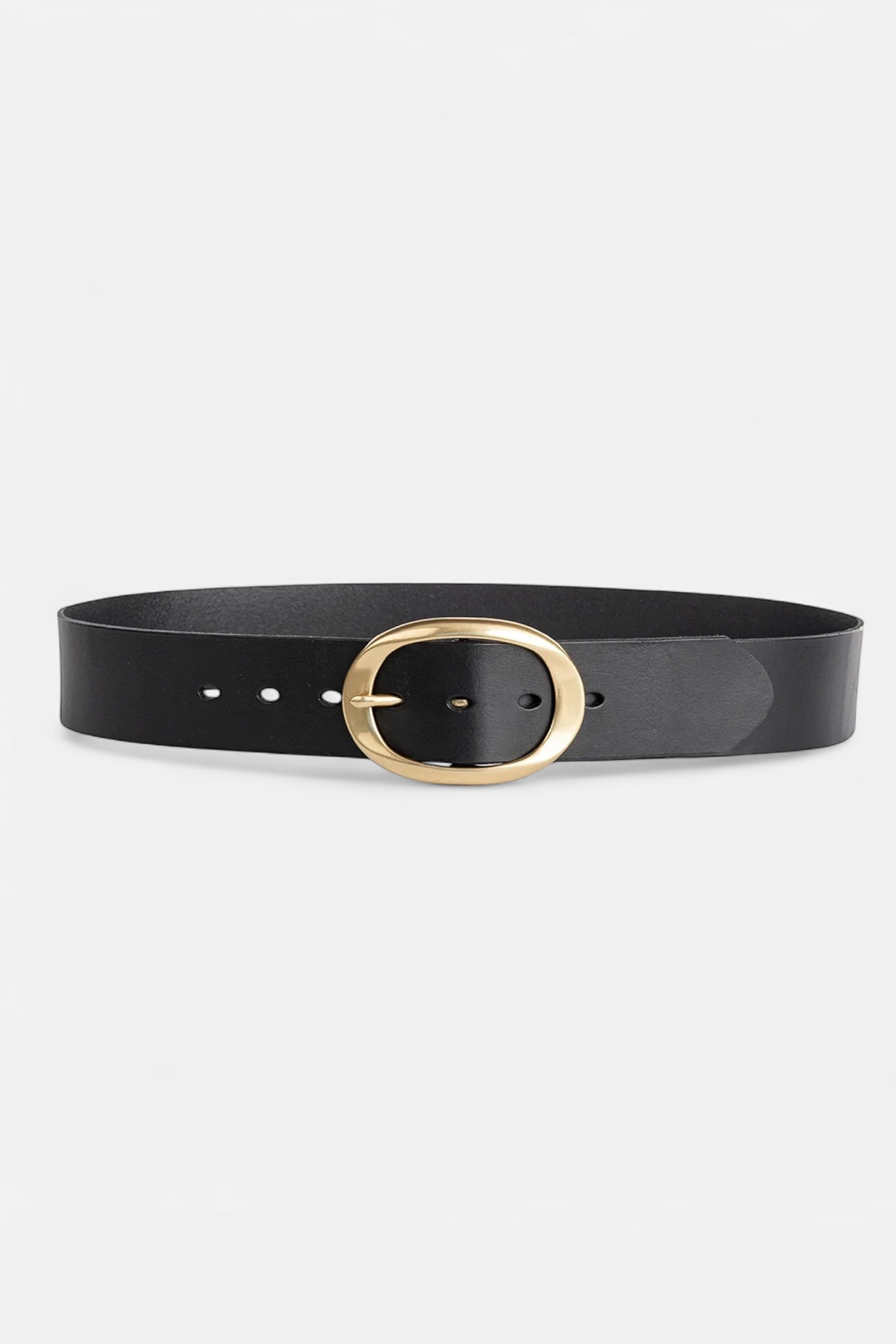 Brooklyn black leather belt displayed flat to show silhouette and buckle shape.