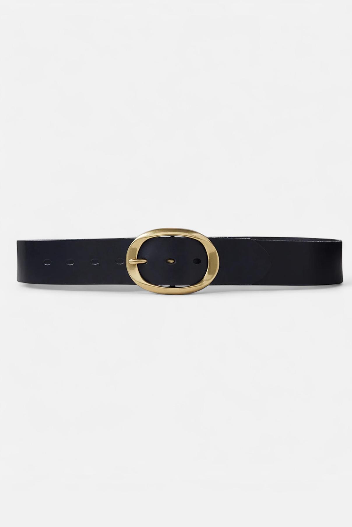Brooklyn black leather belt with polished gold buckle.