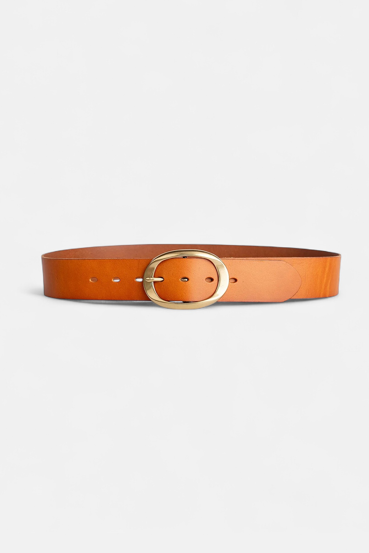 Brooklyn vachetta leather belt displayed flat to show silhouette and buckle shape.