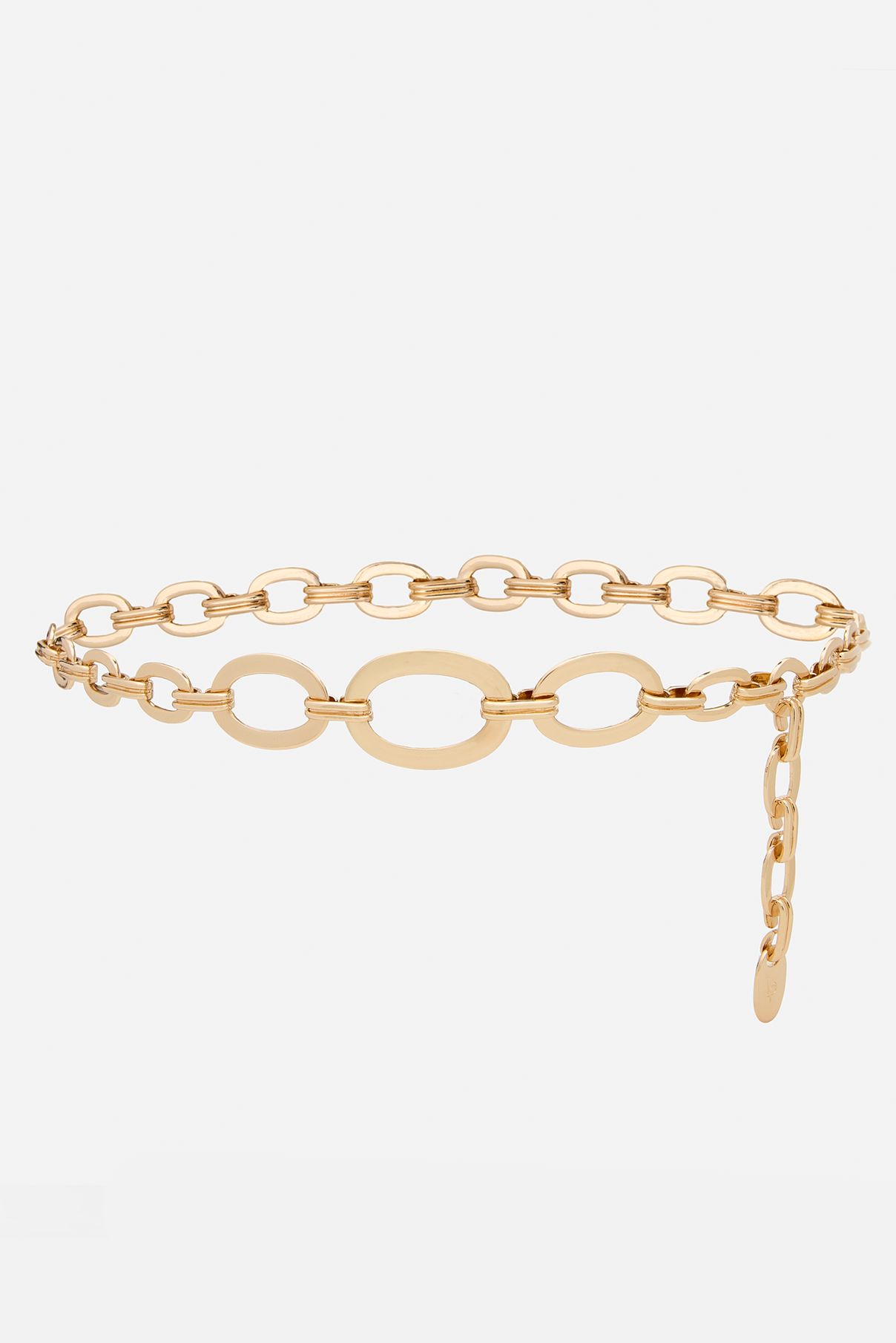 Chase gold chain belt displayed rolled to show polished oval link design.