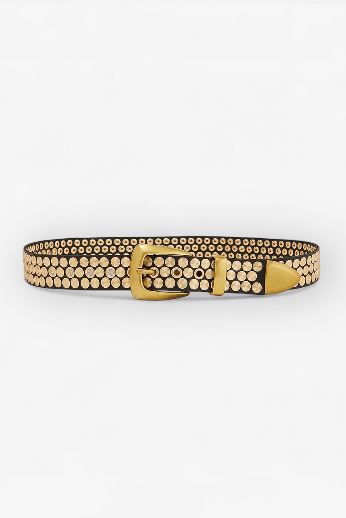 Colton black studded leather belt displayed flat to show buckle and detailing.