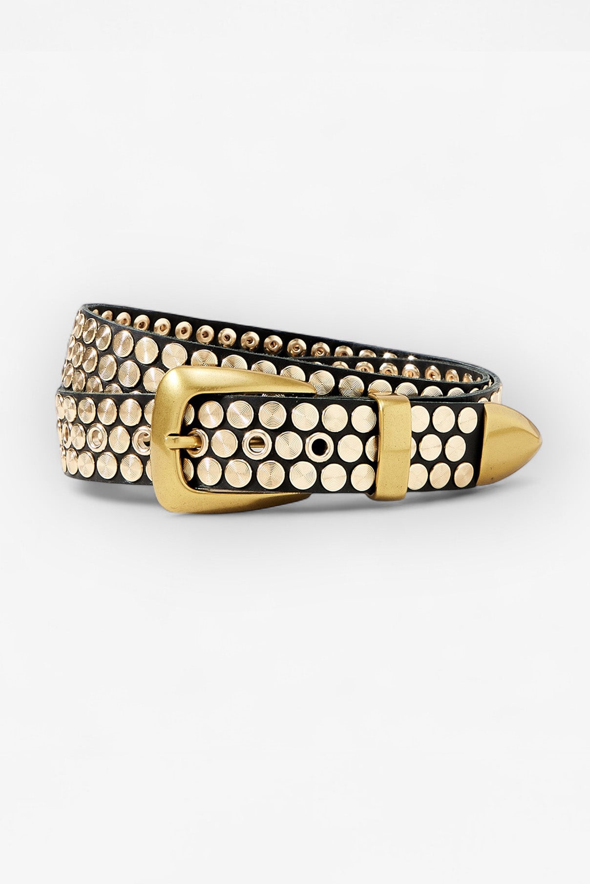 Coiled Colton dark brown leather belt with gold stud detailing and polished gold buckle.