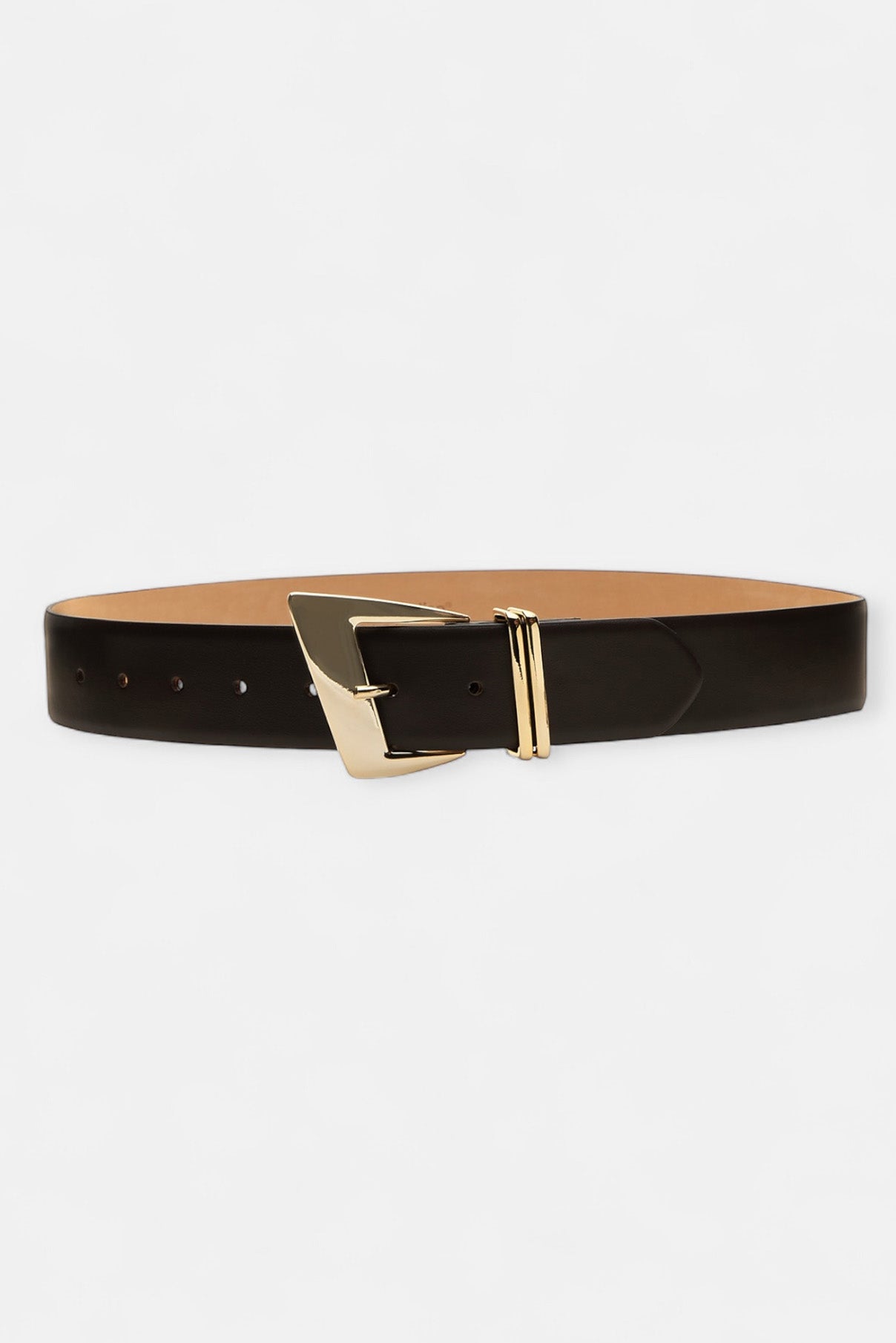 Fallon dark brown leather belt displayed rolled to show gold buckle and clean finish.