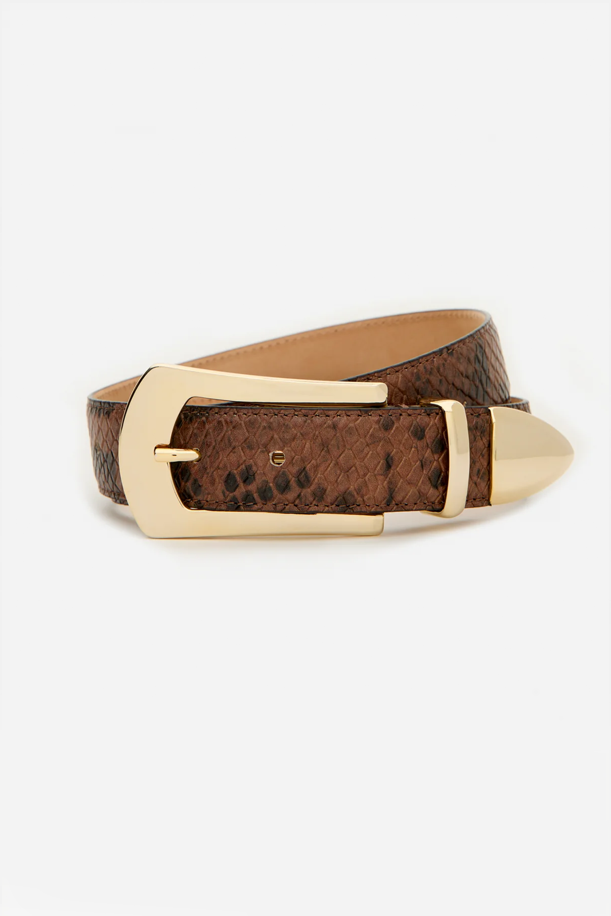 Coiled Knox brown python embossed belt with polished gold buckle.
