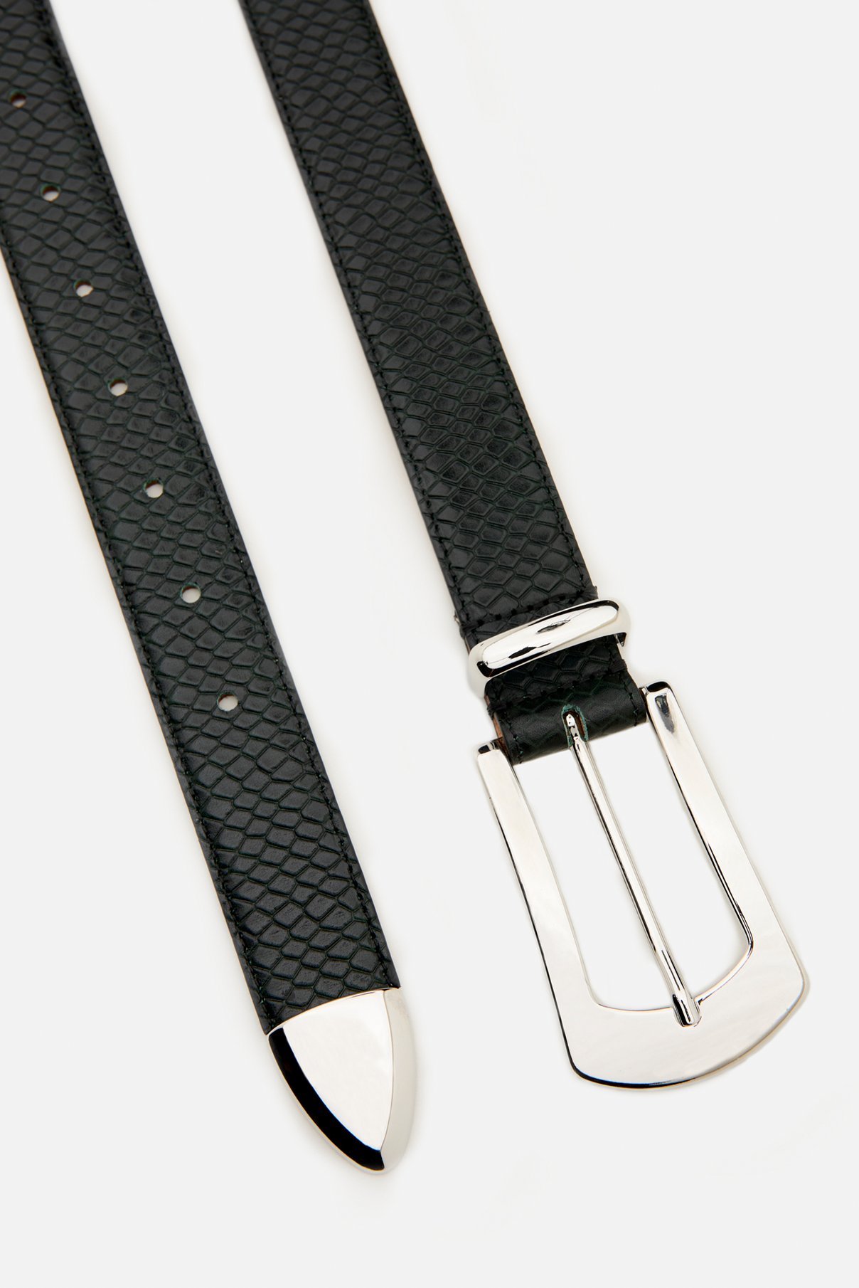 Knox hunter green python embossed leather belt flat-lay to show silver hardware.