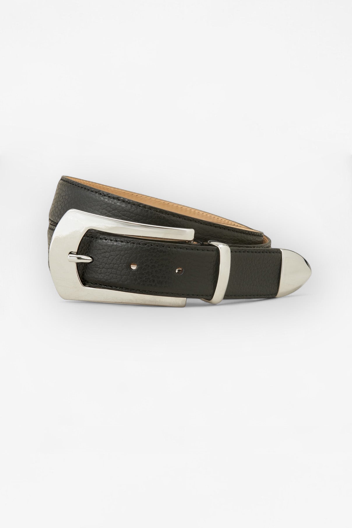 Knox pebbled black leather belt displayed coiled, showing silver hardware.