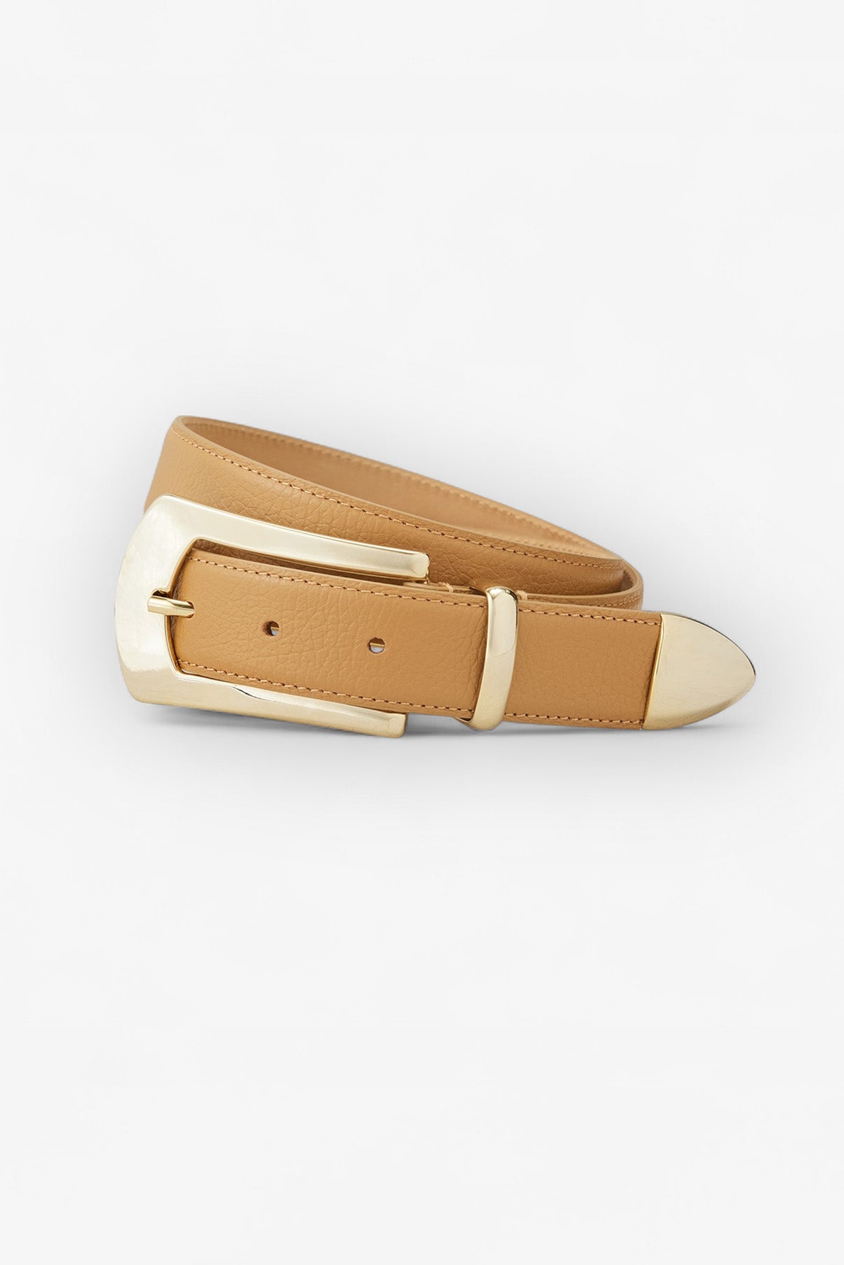 Coiled view of the Knox pebbled camel leather belt with polished gold buckle.