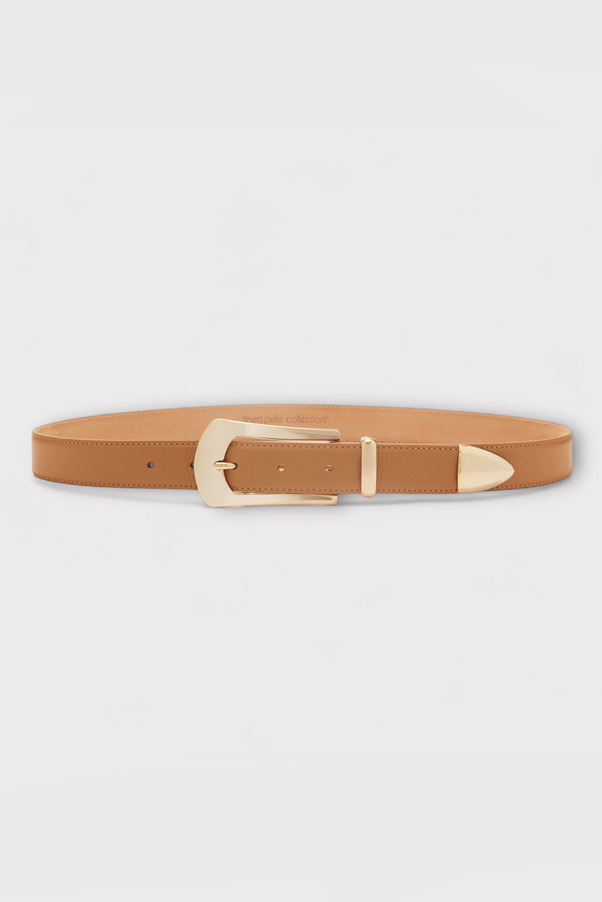 Knox pebbled camel leather belt displayed rolled to show gold hardware and texture.