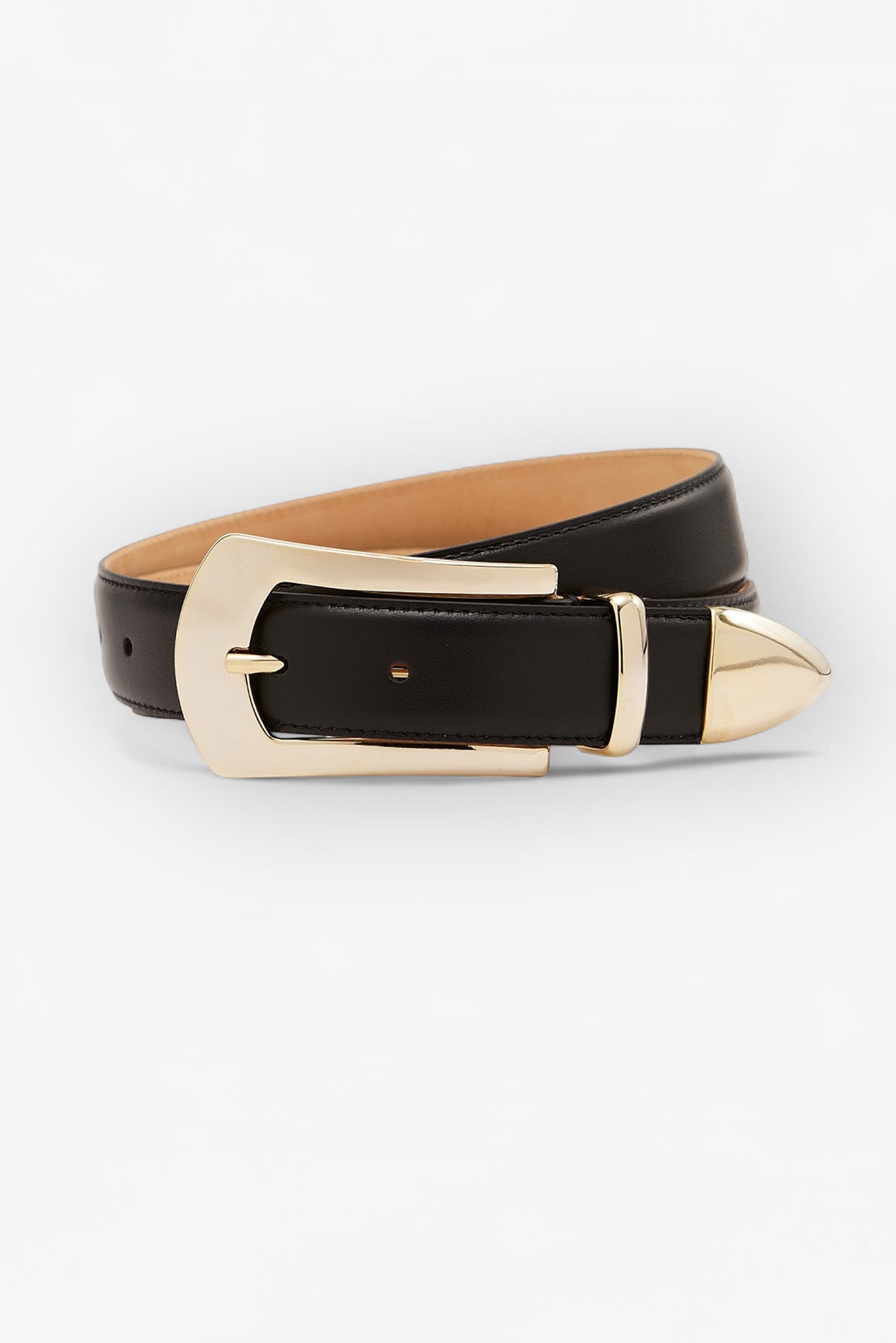 Coiled Knox smooth black leather belt with polished gold buckle.