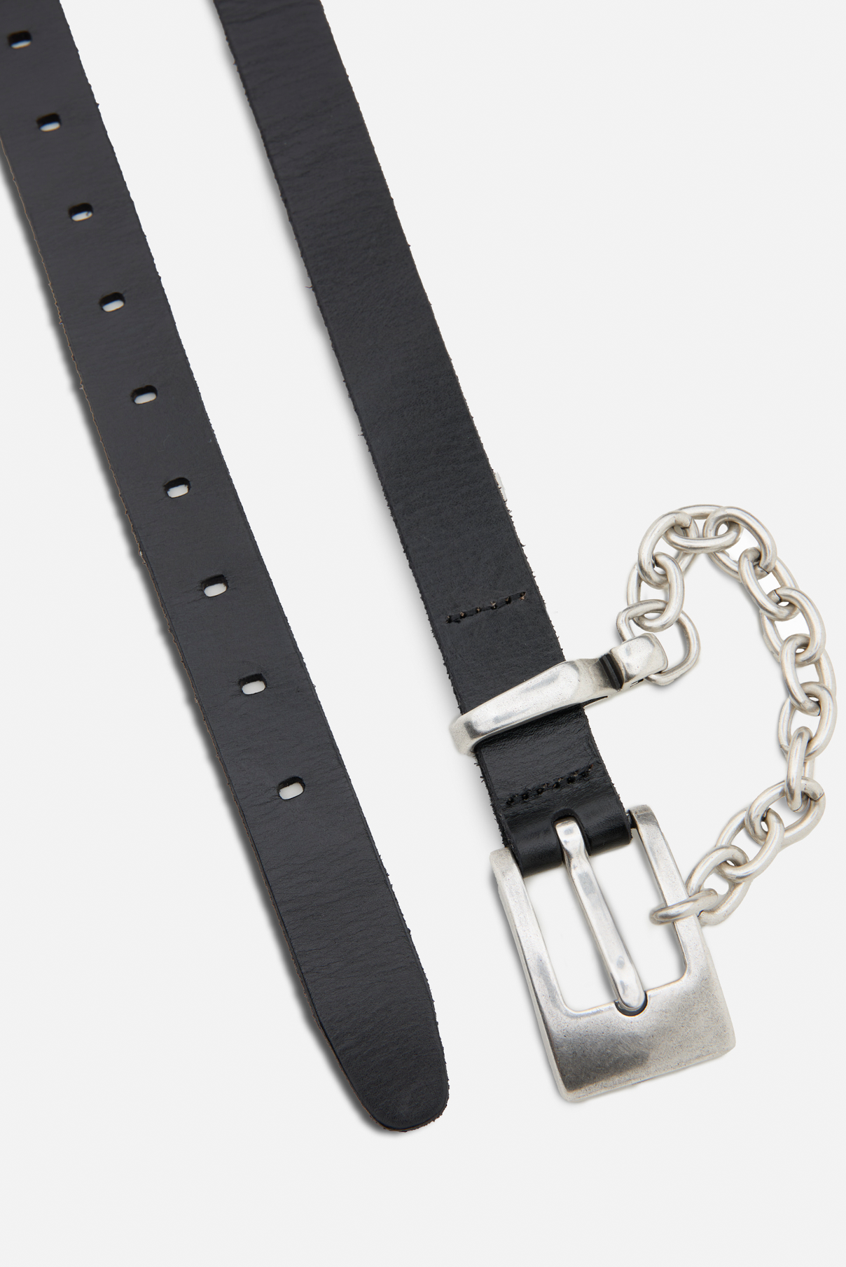 Flat lay close up of the Ledger black leather belt highlighting vintage silver hardware and chain detail.