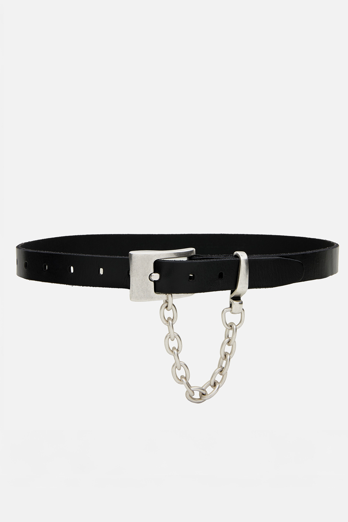 Ledger black leather belt displayed rolled to show vintage silver buckle and drop chain.
