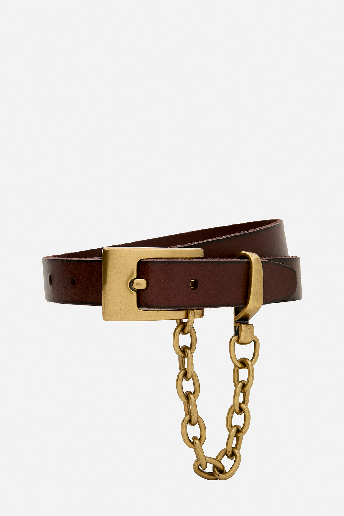 Coiled Ledger brown leather belt highlighting vintage gold hardware and chain detail.