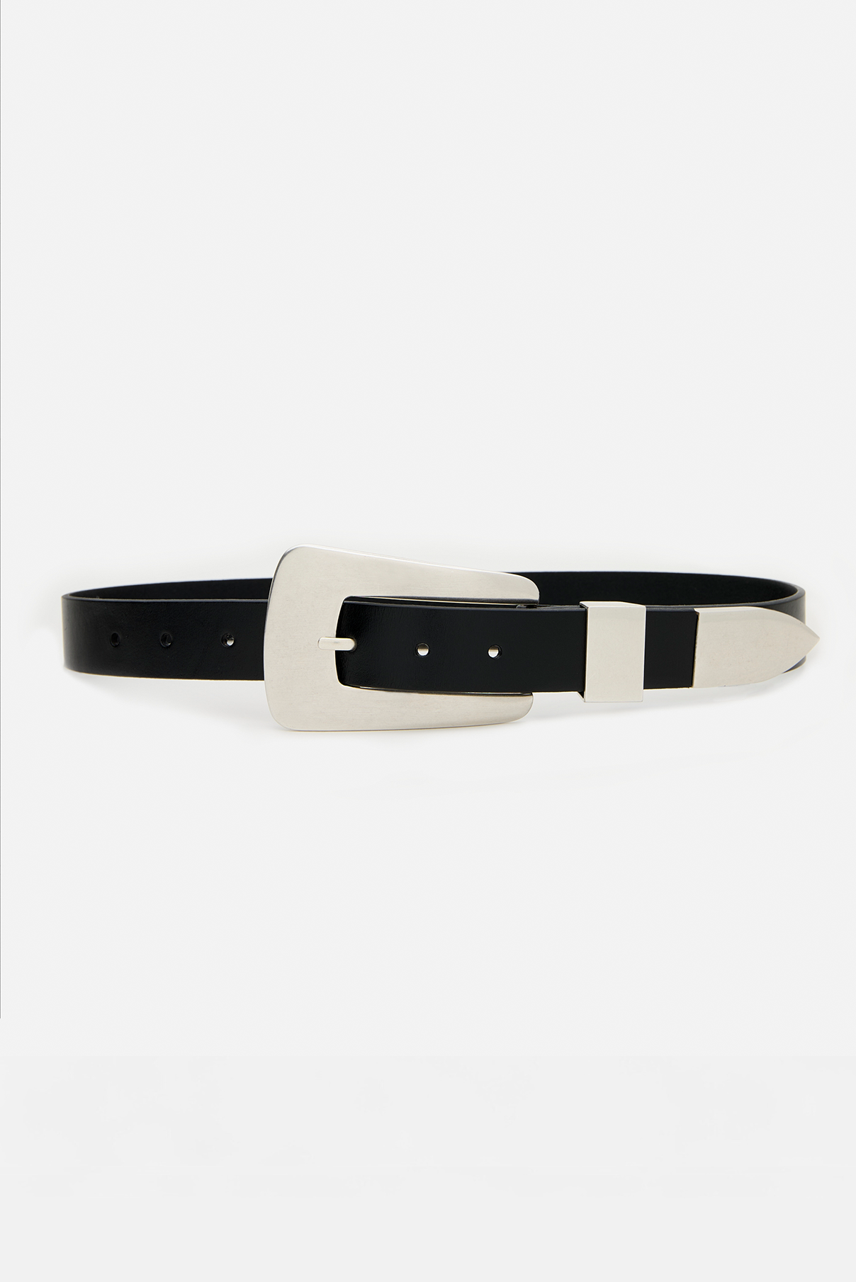 Logan black vintage leather belt displayed rolled to show silver buckle design.