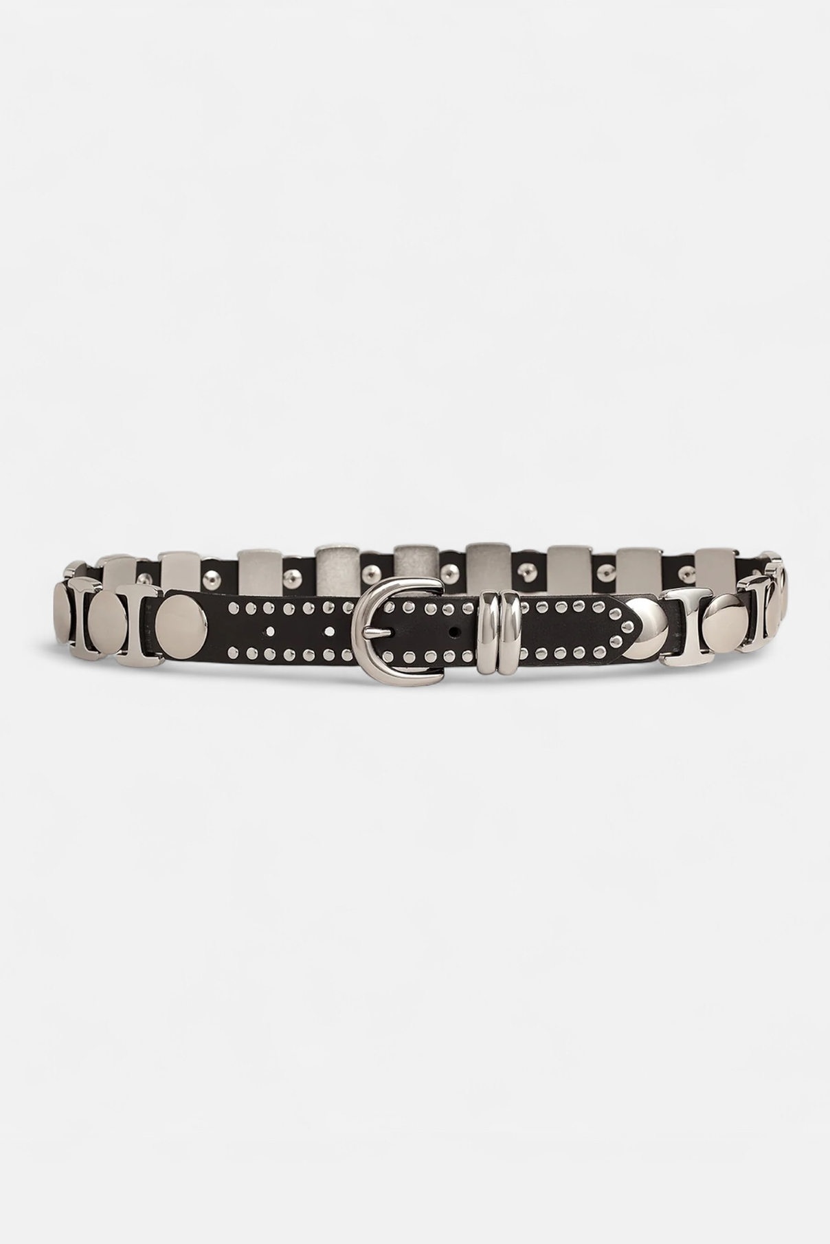 Maddox black studded leather belt displayed rolled to show silver buckle and stud detailing.