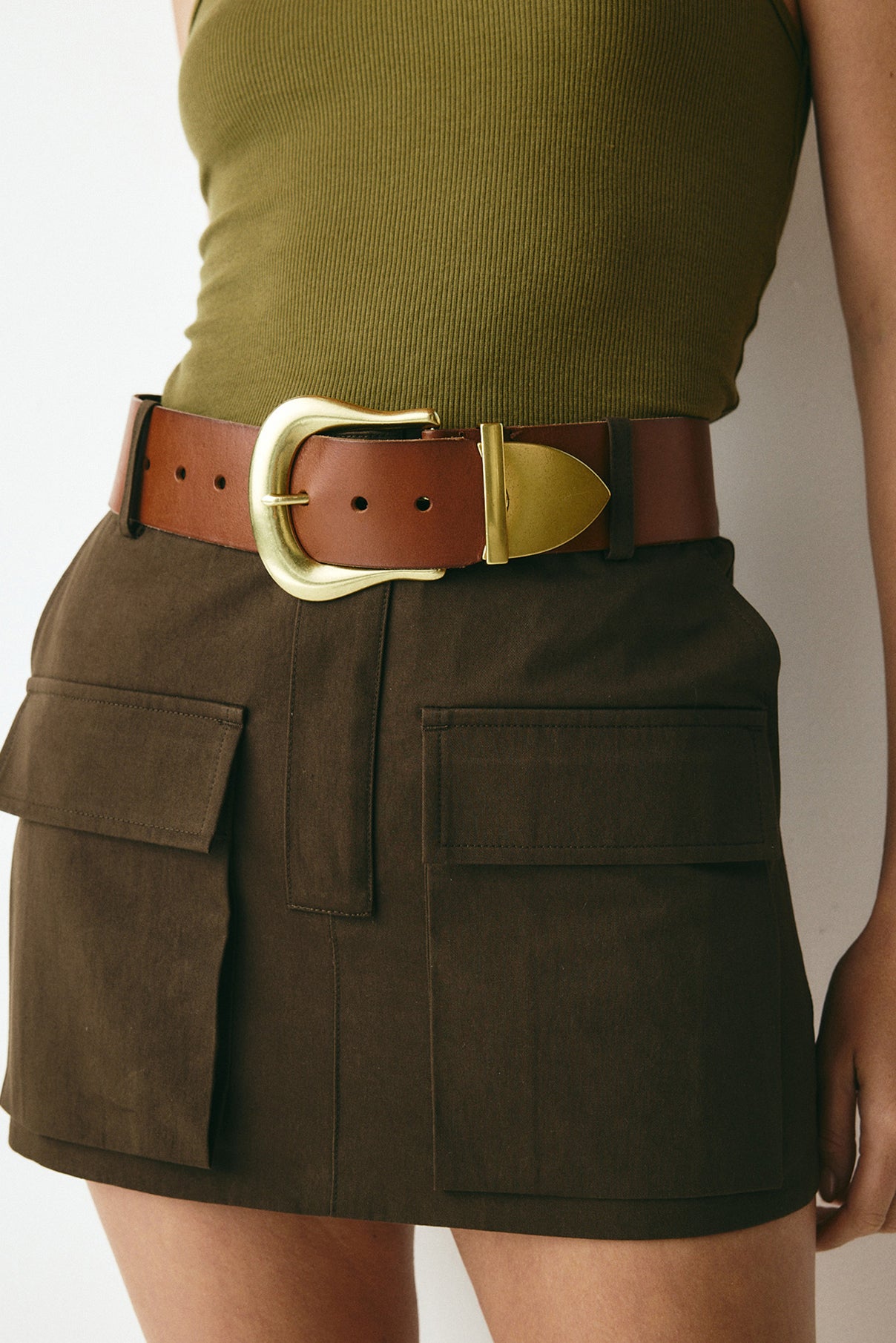 Styled outfit featuring the Maylee cognac leather belt.
