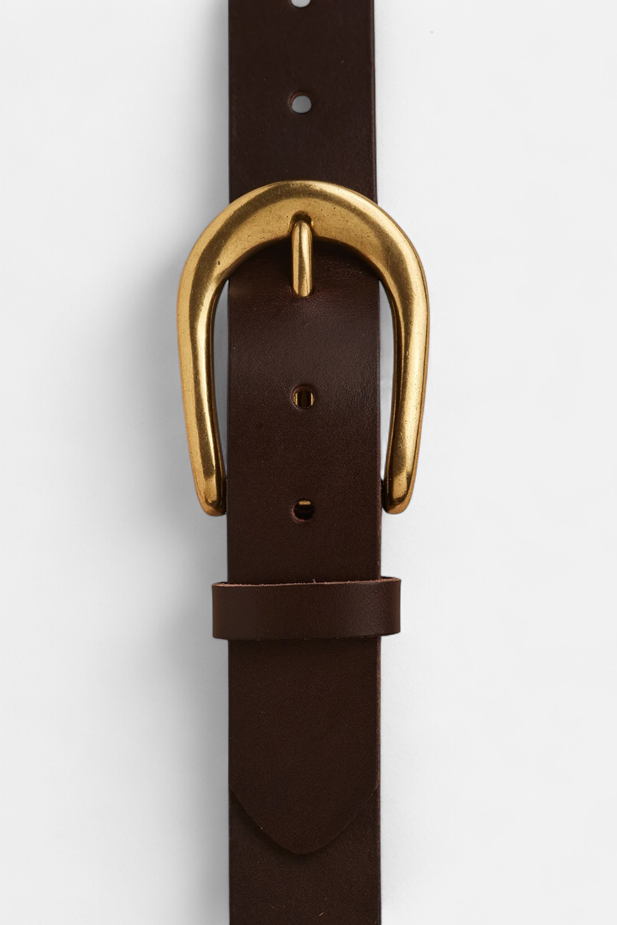 Presley dark brown leather belt displayed flat to show antique gold buckle.