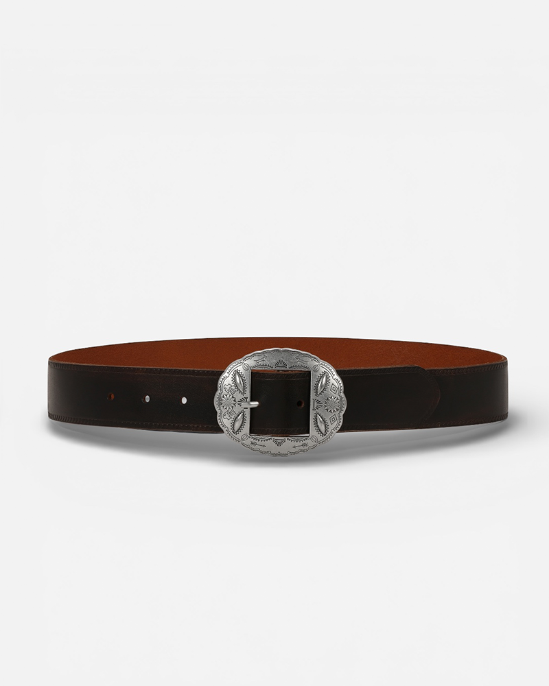Sloan Espresso Leather Belt with Engraved Silver Buckle  display picture 3