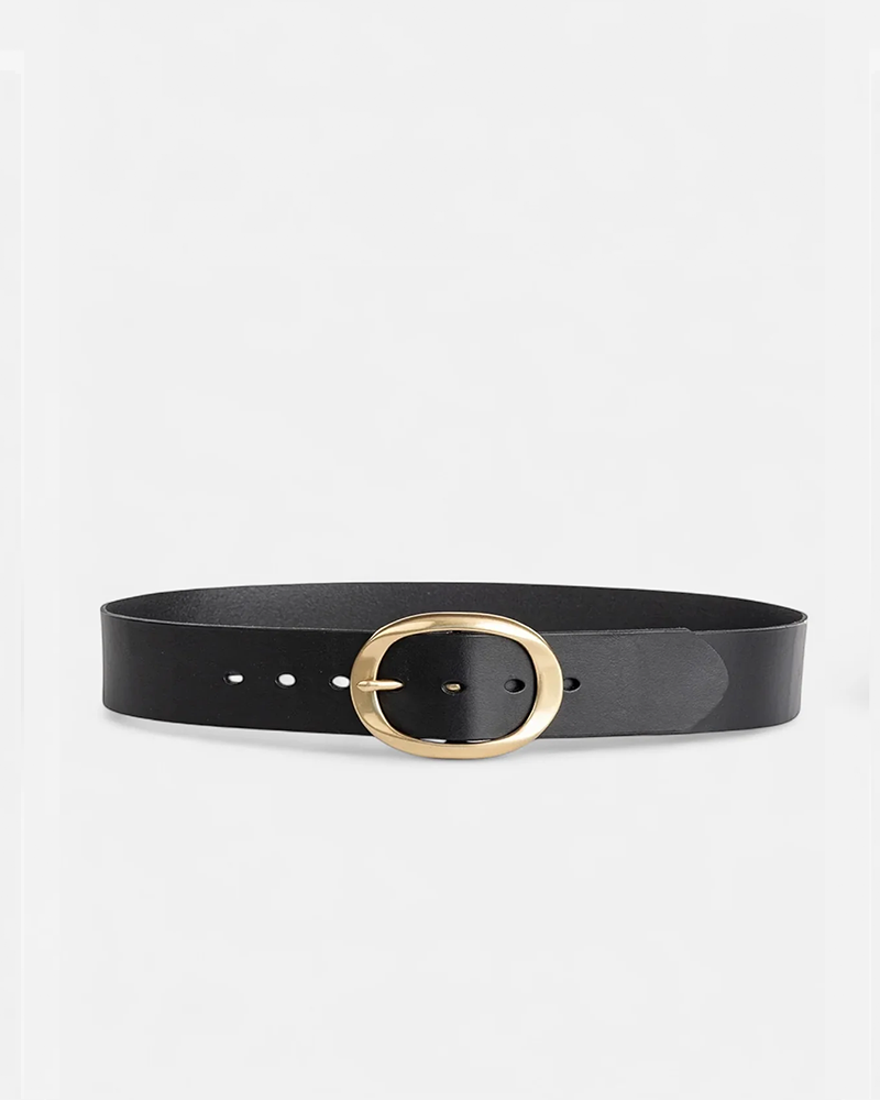 Brooklyn Black Leather Belt with Polished Gold Buckle 