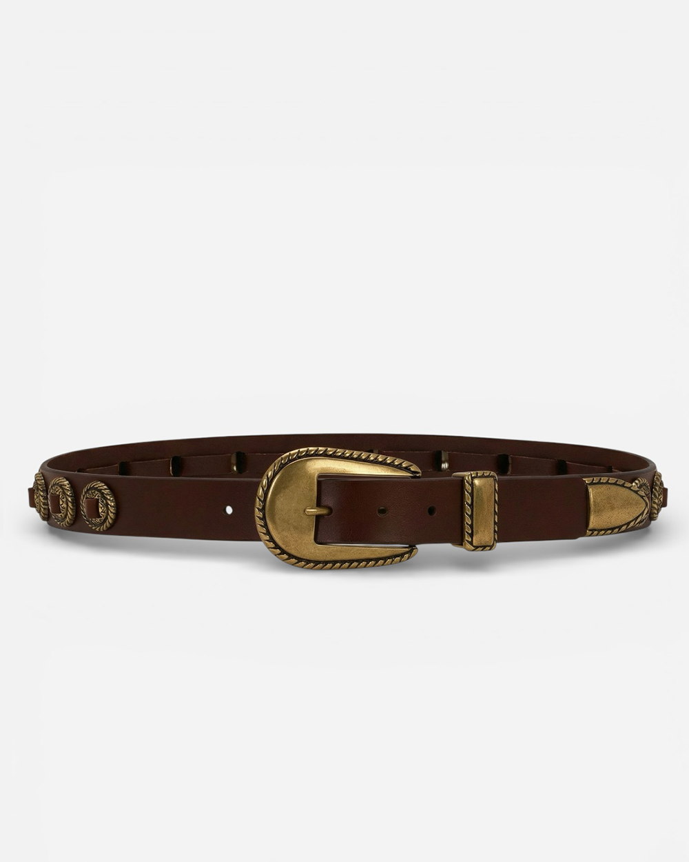 Mercer Walnut Leather Belt with Engraved Brass Buckle | Linea Pelle