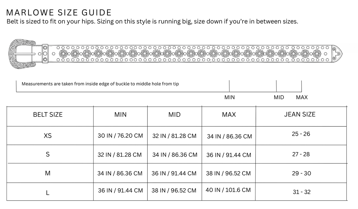 Size chart for Marlowe / Cognac