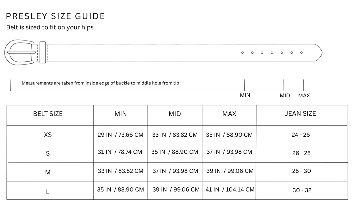 Size chart for Presley / Dark Brown