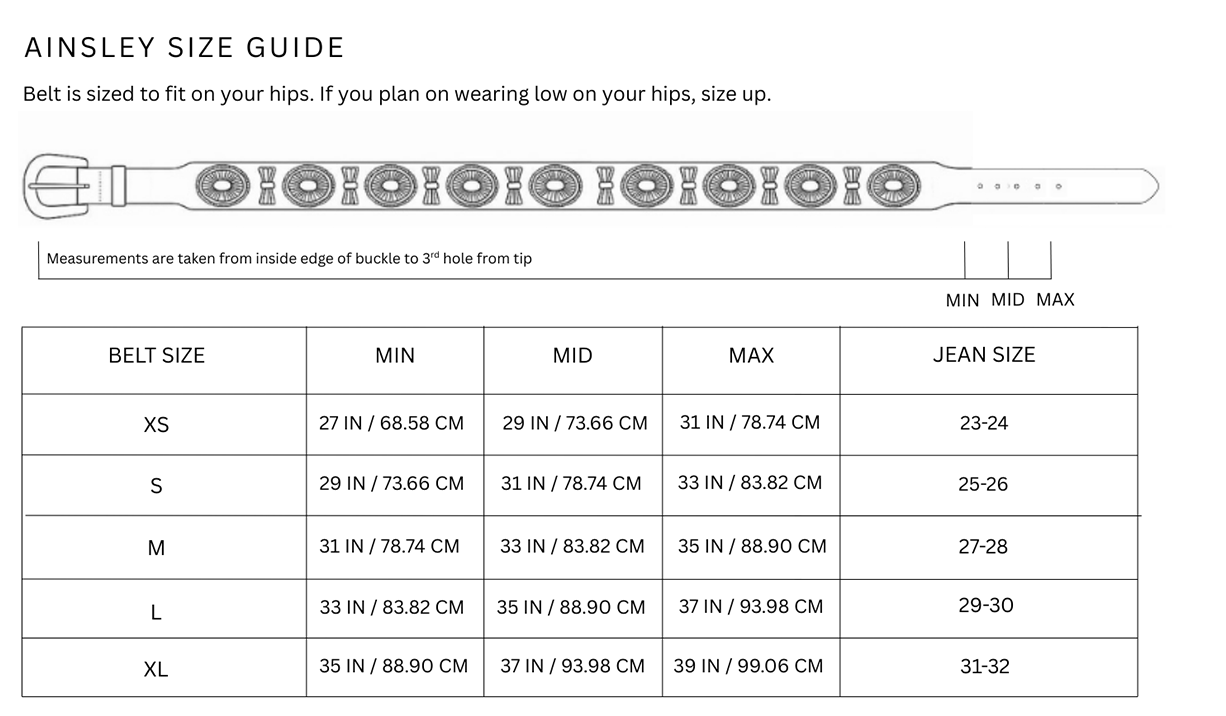 Size chart for Ainsley Belt