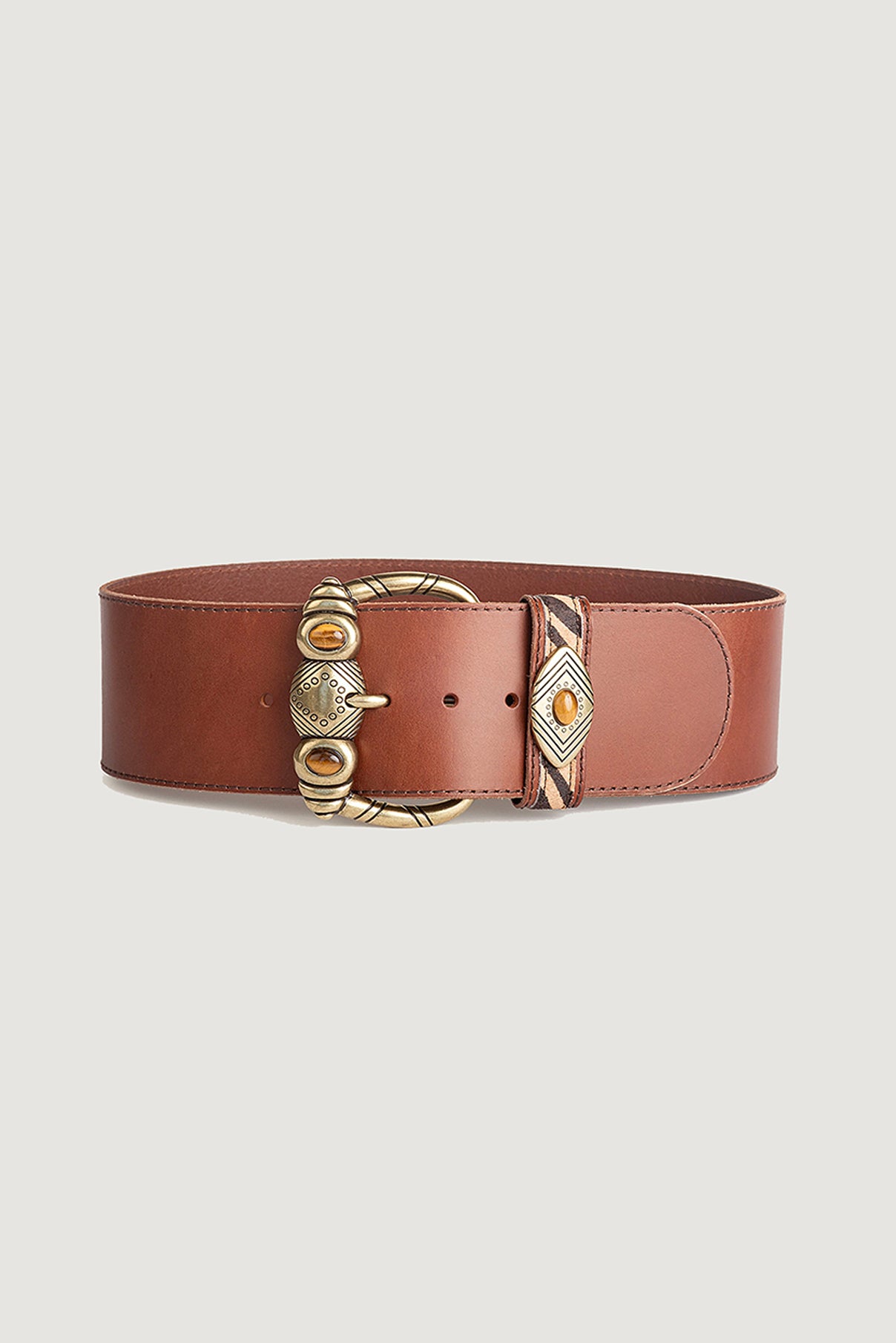 Aspen cognac leather belt with tiger’s eye buckle and zebra hair-calf slot.