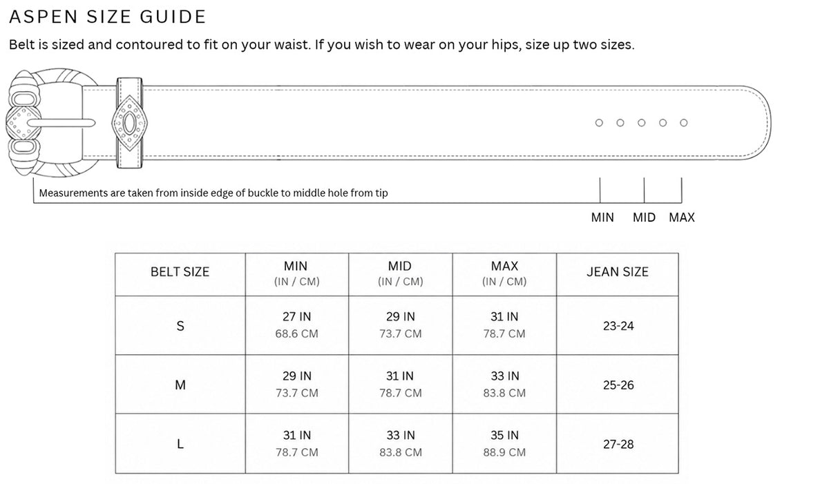 Size chart for Aspen Wide Belt / Cognac