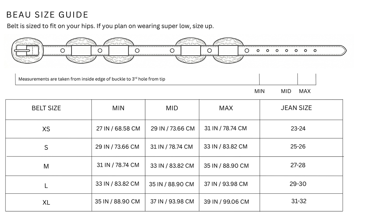 Size chart for Beau Belt