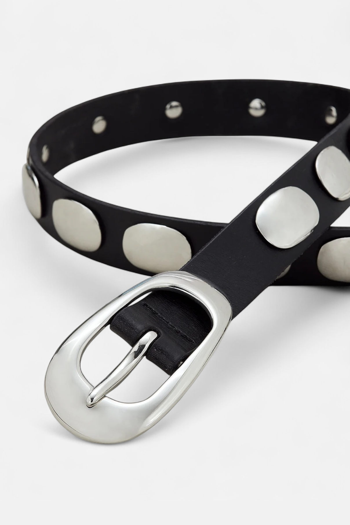 Coiled Blake black leather belt with silver studs and oval buckle.
