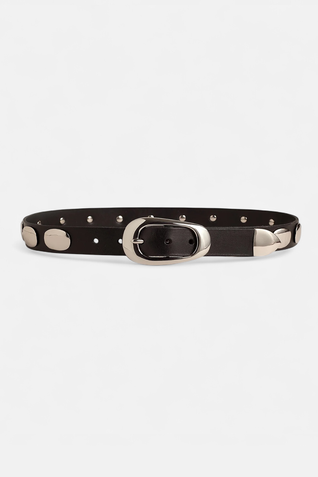 Blake black studded leather belt displayed flat showing buckle shape and stud placement.