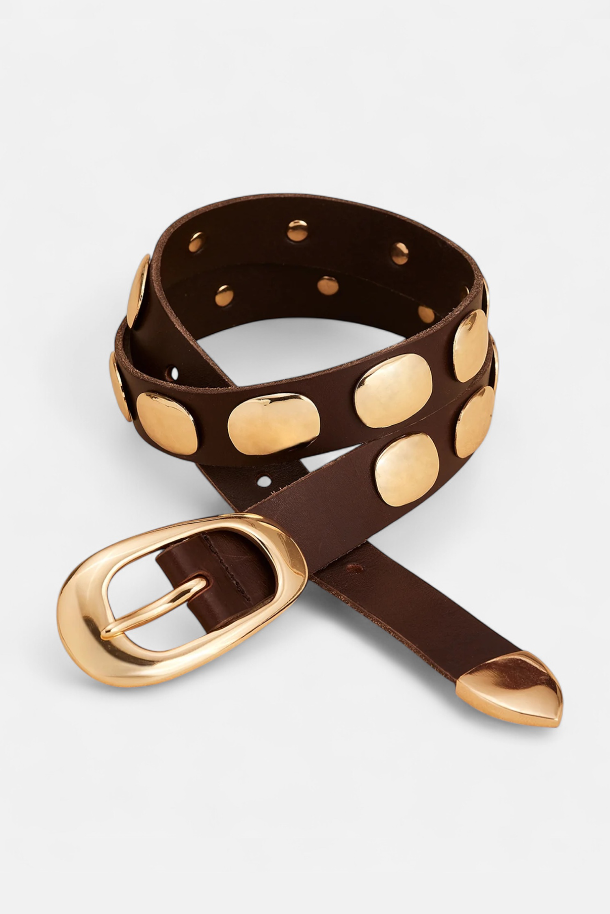 Coiled Blake brown leather belt with polished gold hardware.