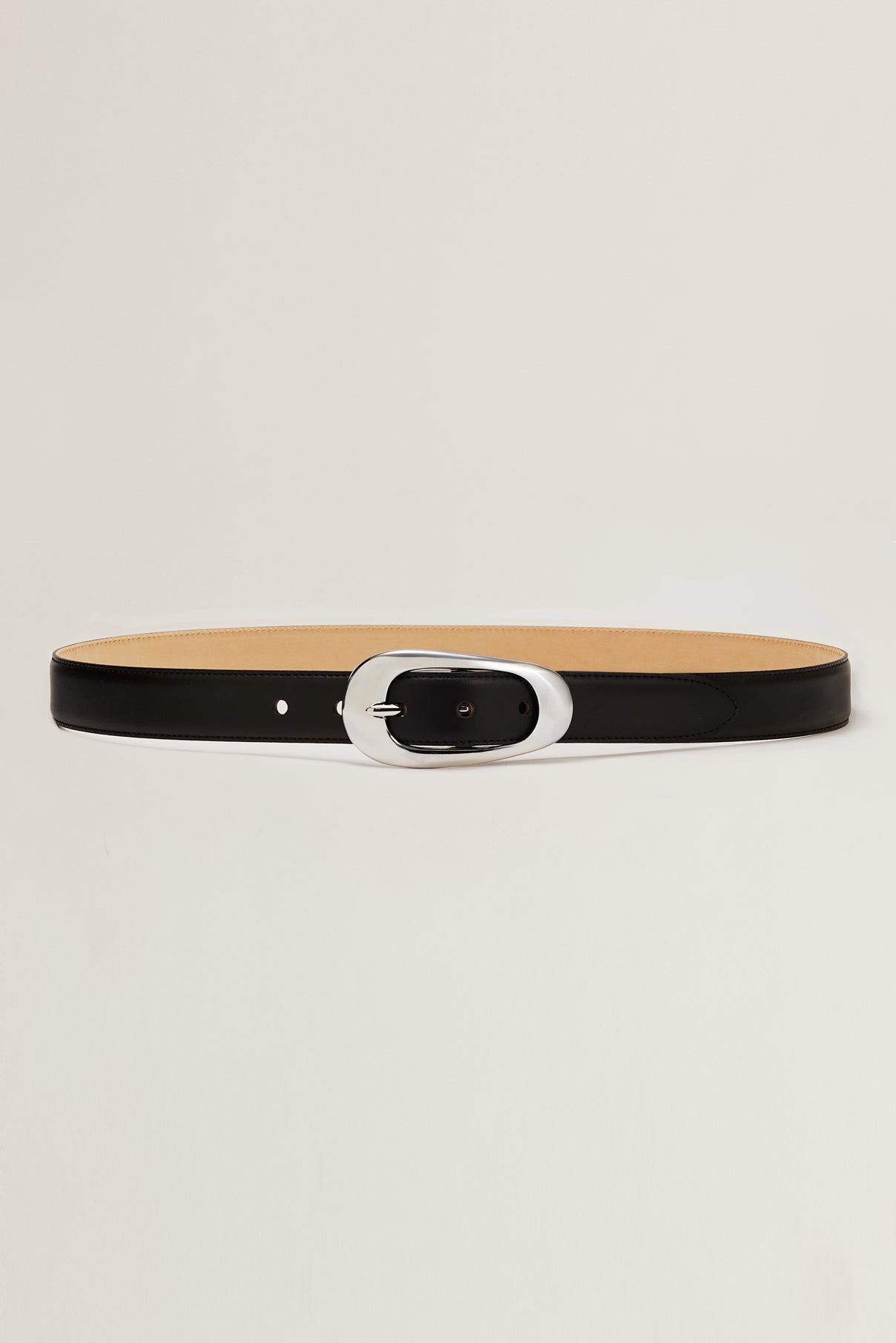 Devyn black leather belt displayed rolled to show silver buckle and leather finish.