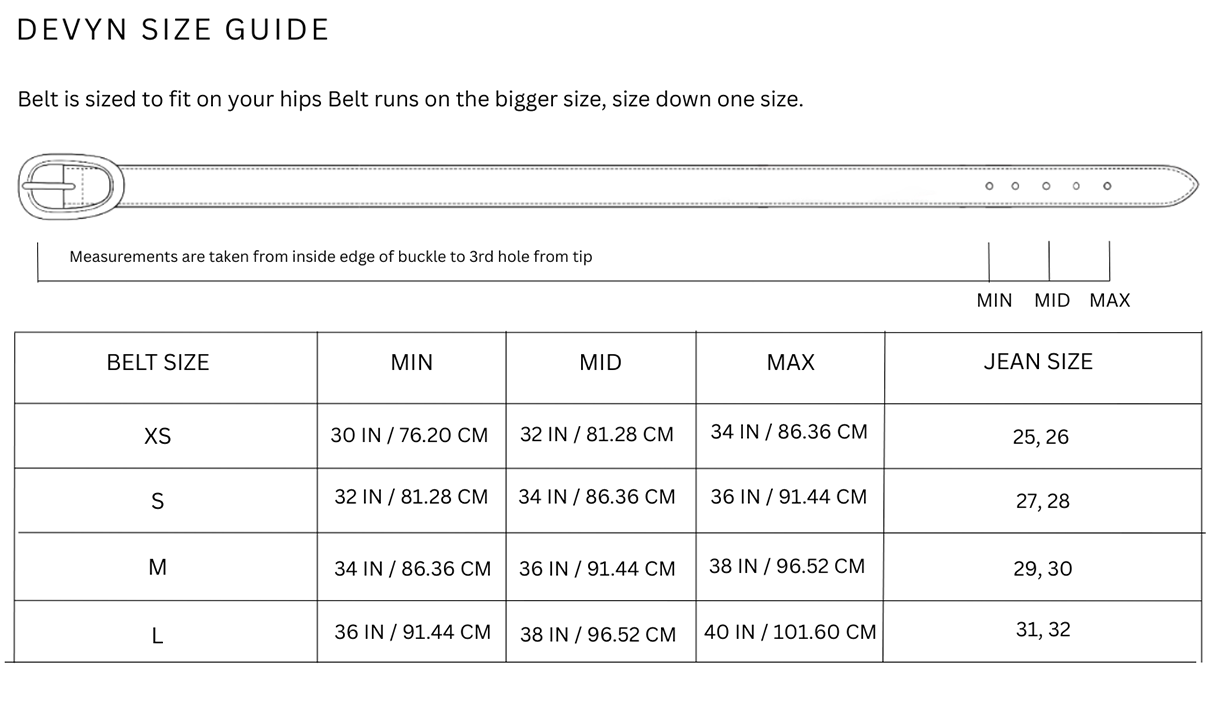 Size chart for Devyn / Creme