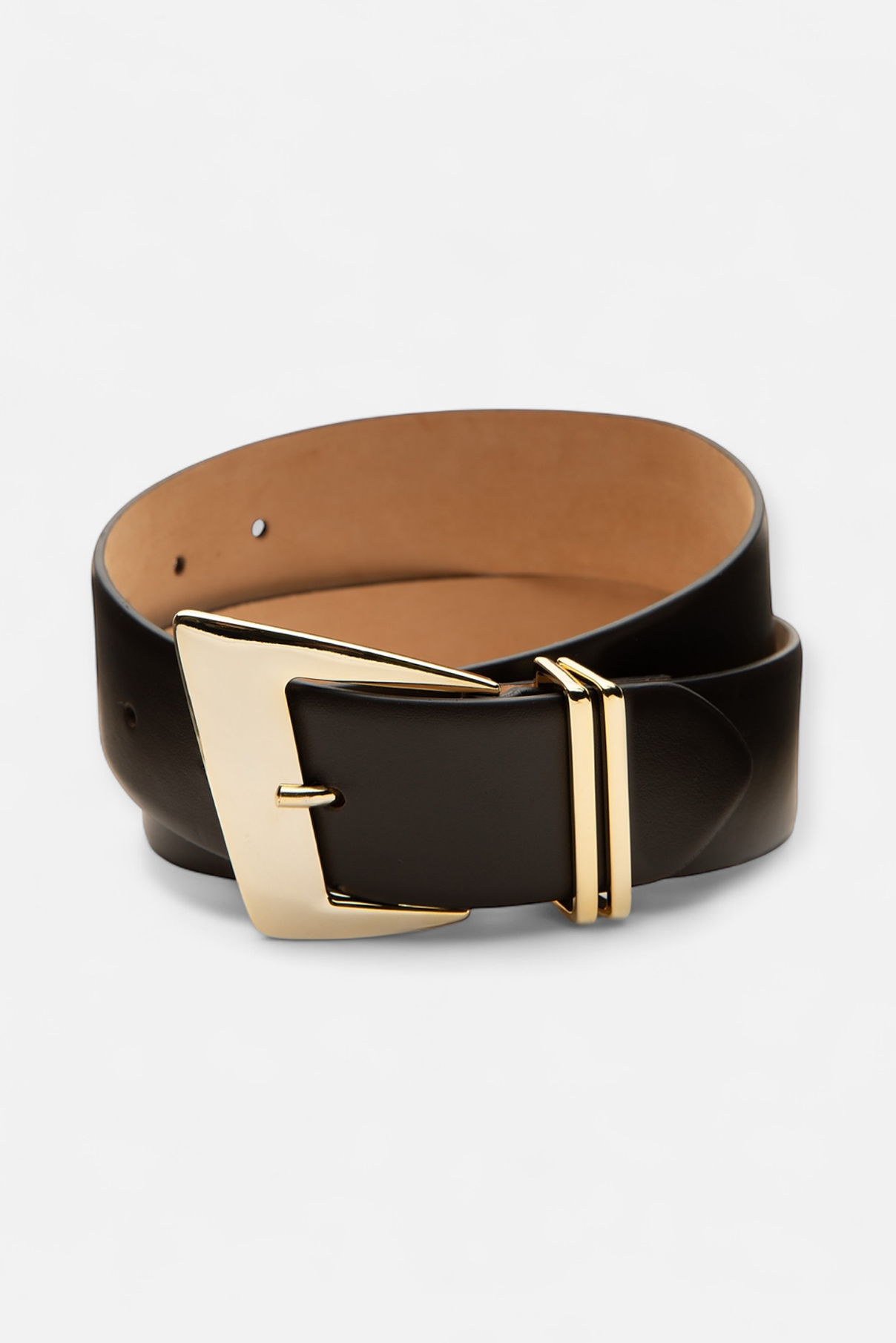 Coiled Fallon dark brown leather belt with sculptural gold buckle.