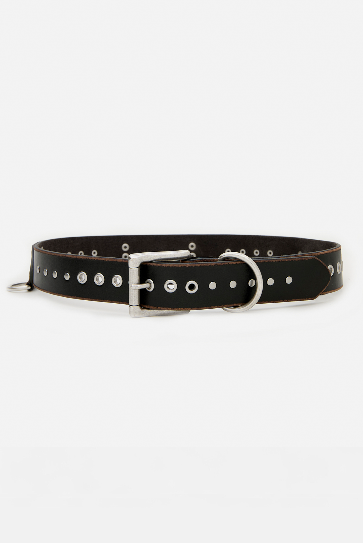 Frankie black vintage leather belt displayed rolled, showcasing moto grommet details.