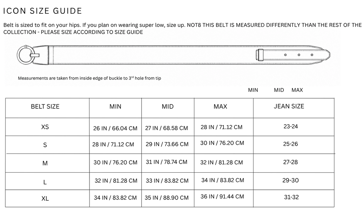 Size chart for Icon Belt / Whiskey