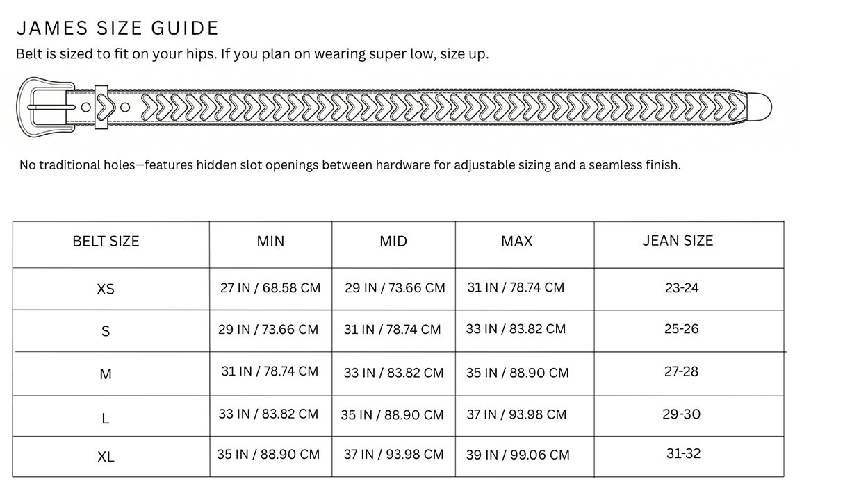 Size chart for James Belt