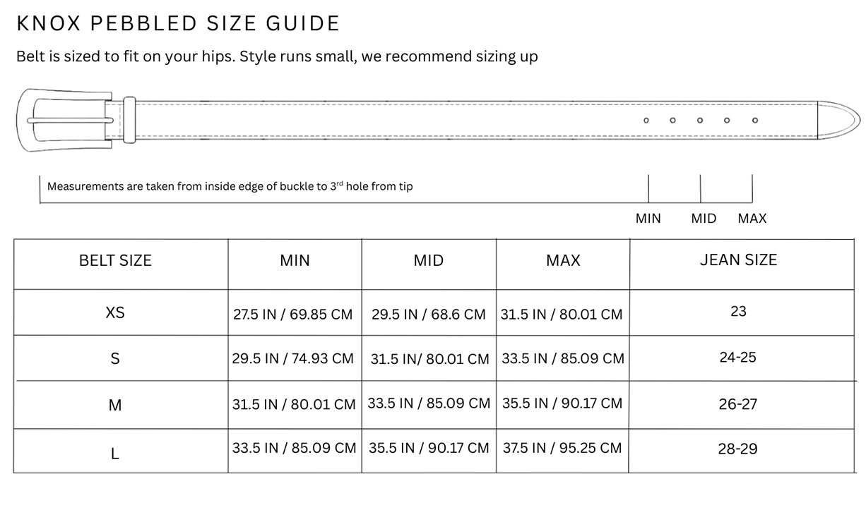 Size chart for Knox / Pebbled Brown