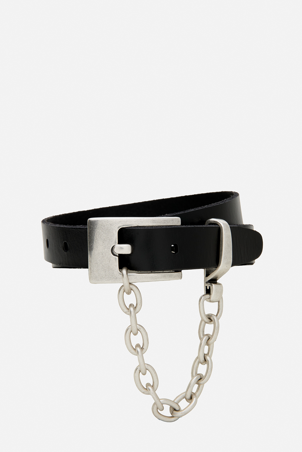 Coiled Ledger black leather belt highlighting vintage silver hardware and chain detail.