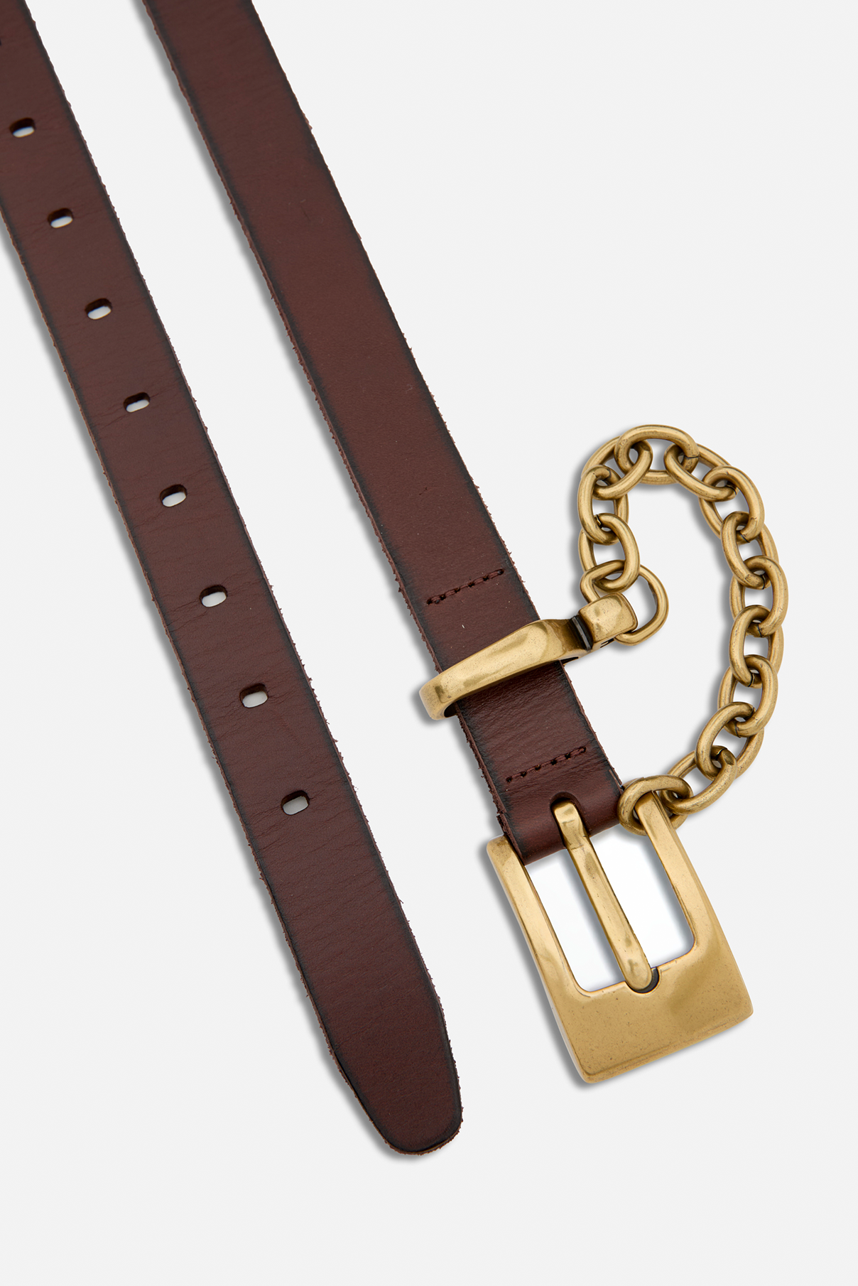 Close up flat lay of the Ledger brown leather belt highlighting vintage gold hardware and chain detail.