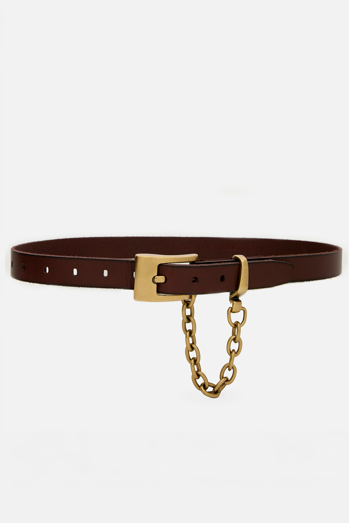 Ledger brown leather belt displayed rolled to show vintage gold buckle and drop chain.