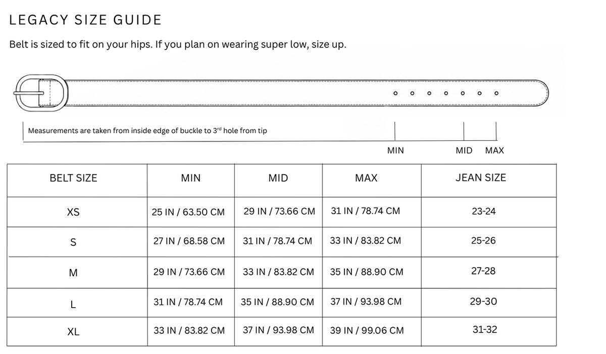 Size chart for Legacy Belt / Black