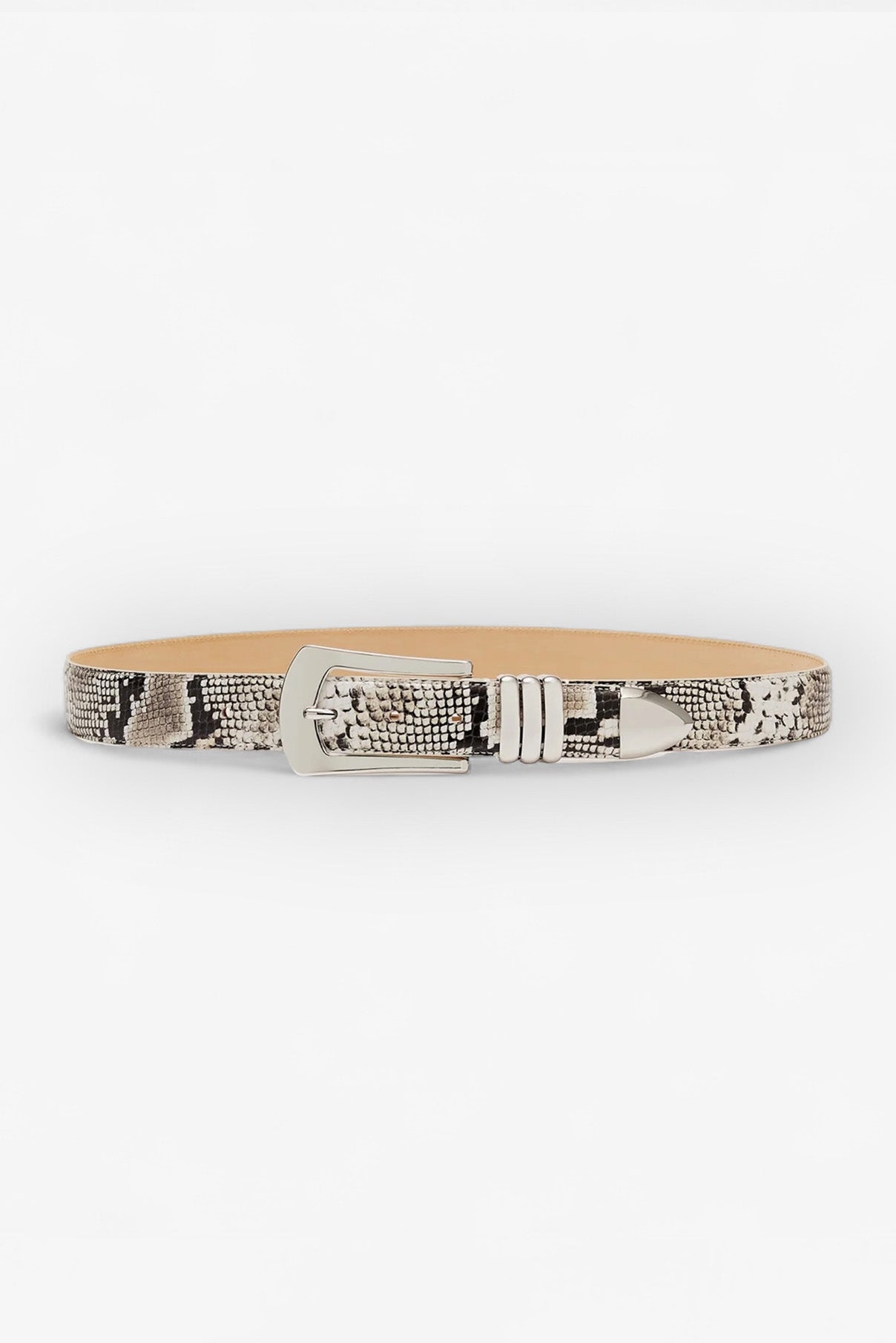 Lennox python embossed leather belt displayed rolled to show silver buckle and texture.