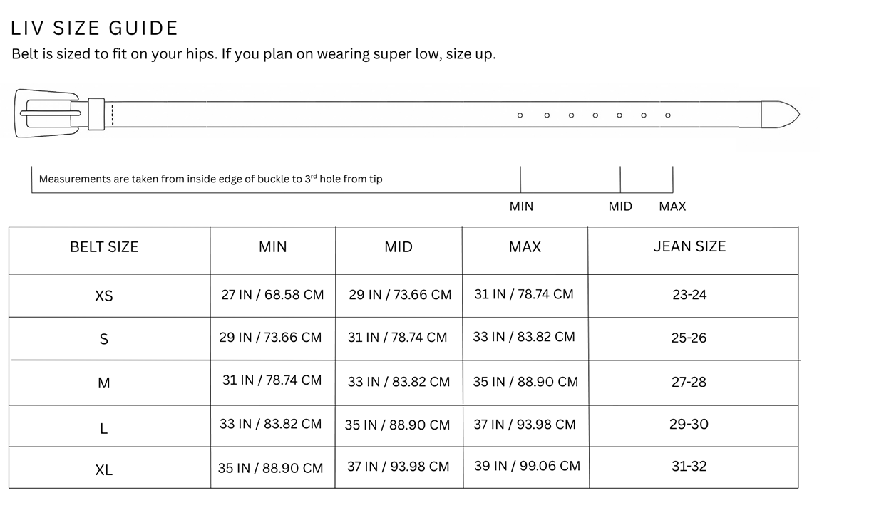 Size chart for Liv Belt