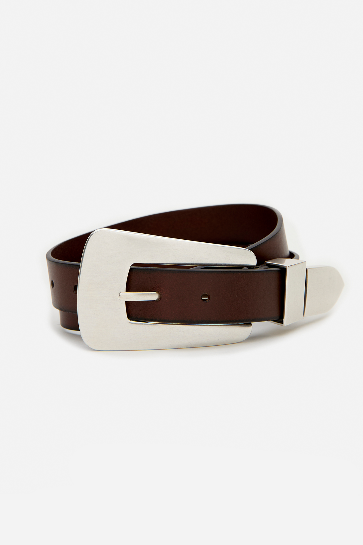 Coiled Logan dark brown leather belt highlighting vintage silver hardware details.