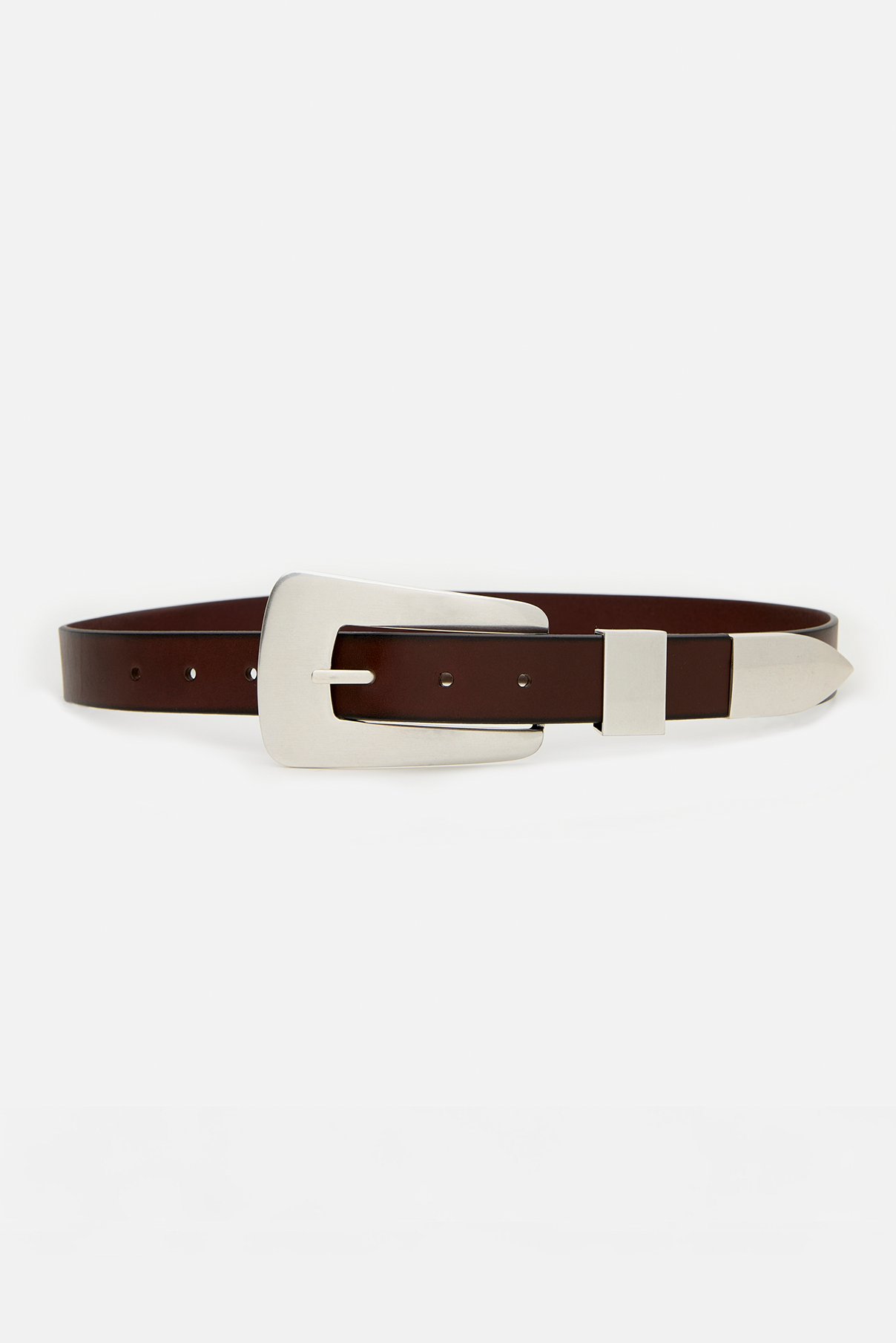 Logan dark brown leather belt displayed rolled to show vintage silver buckle and tip.